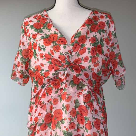 Hope & Ivy Liberty Fabric Tiered Frill Midi Dress Poppy Print in Red 16 - Picture 4 of 13